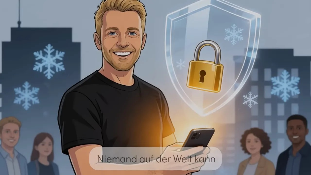 Illustration eines Mannes mit Smartphone neben einem Schild mit Vorh&auml;ngeschloss &ndash; Symbol f&uuml;r private Schl&uuml;ssel und Verm&ouml;gensschutz