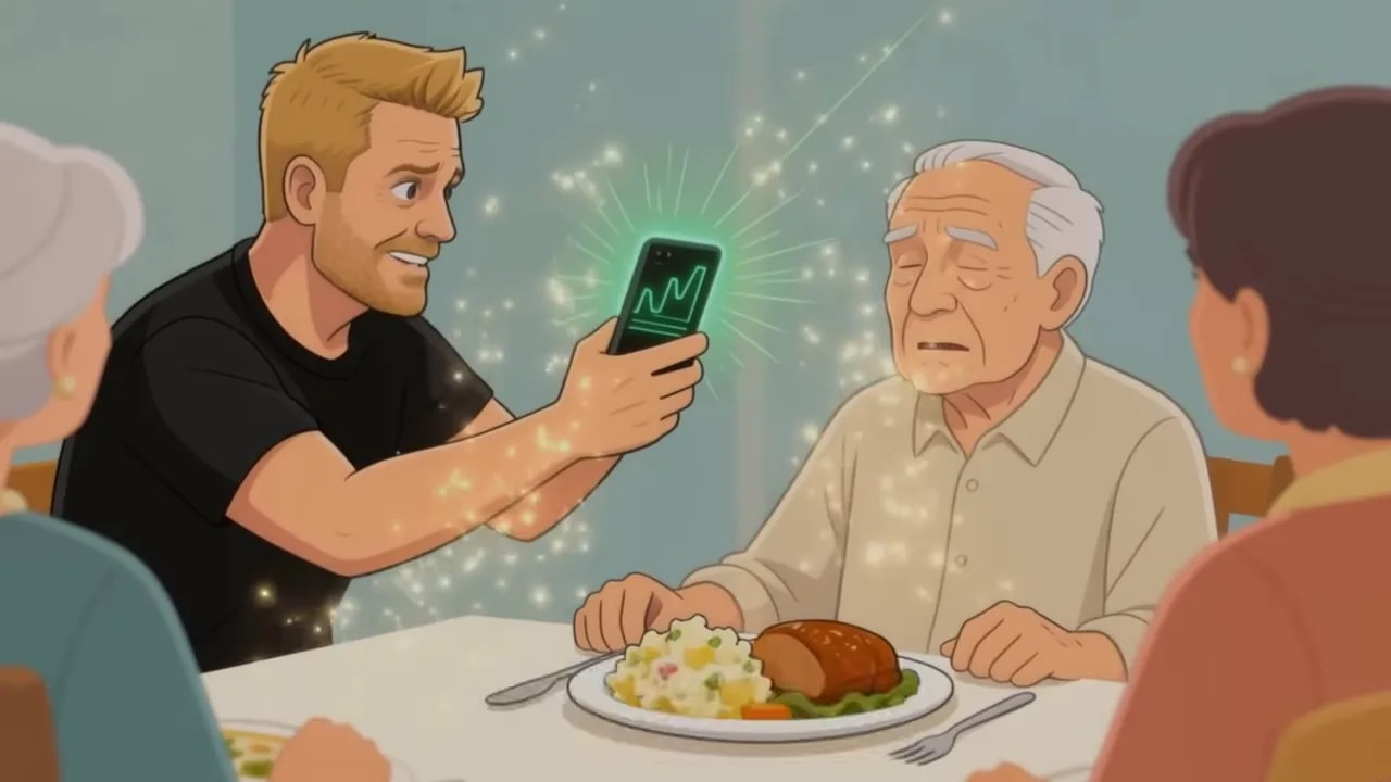 Illustration zweier Gesprächspartner beim Essen, während Bitcoin-Charts auf dem Smartphone gezeigt werden