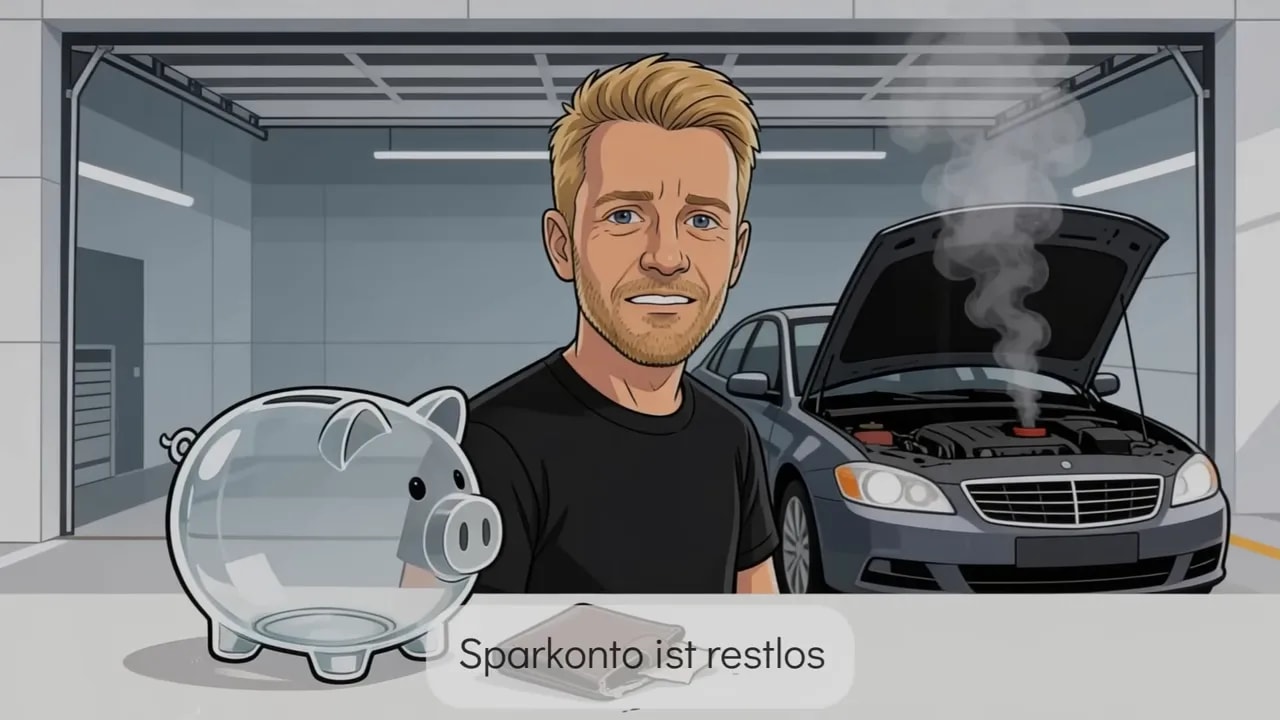 Klare Illustration: leeres Sparschwein im Vordergrund, Wallet auf dem Tisch und rechts ein Auto mit offener Motorhaube und Rauch, Person in der Mitte