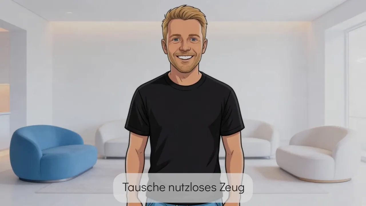 Person steht in einem hellen, minimal eingerichteten Wohnzimmer mit eingeblendetem Untertitel 'Tausche nutzloses Zeug', symbolisiert Entr&uuml;mpeln und Verkauf f&uuml;r Bitcoin.