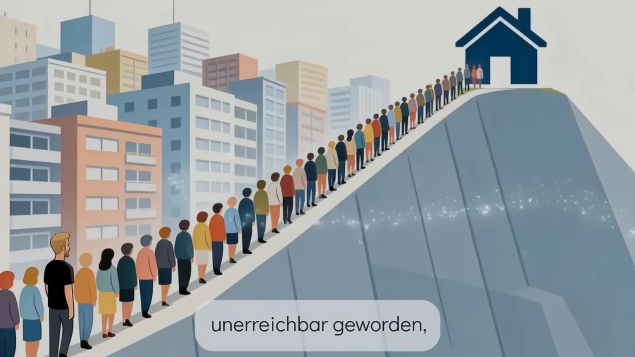 Illustration: Menschen stehen Schlange auf einem steilen Weg zu einem Haus-Icon &mdash; Symbol f&uuml;r unerreichbaren Wohnraum.