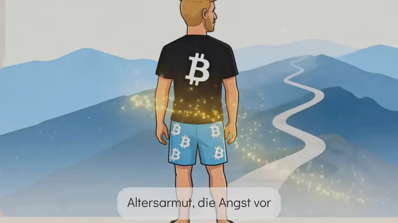 Illustration einer Person mit Bitcoin-Shirt und Text &uuml;ber Altersarmut und Angst
