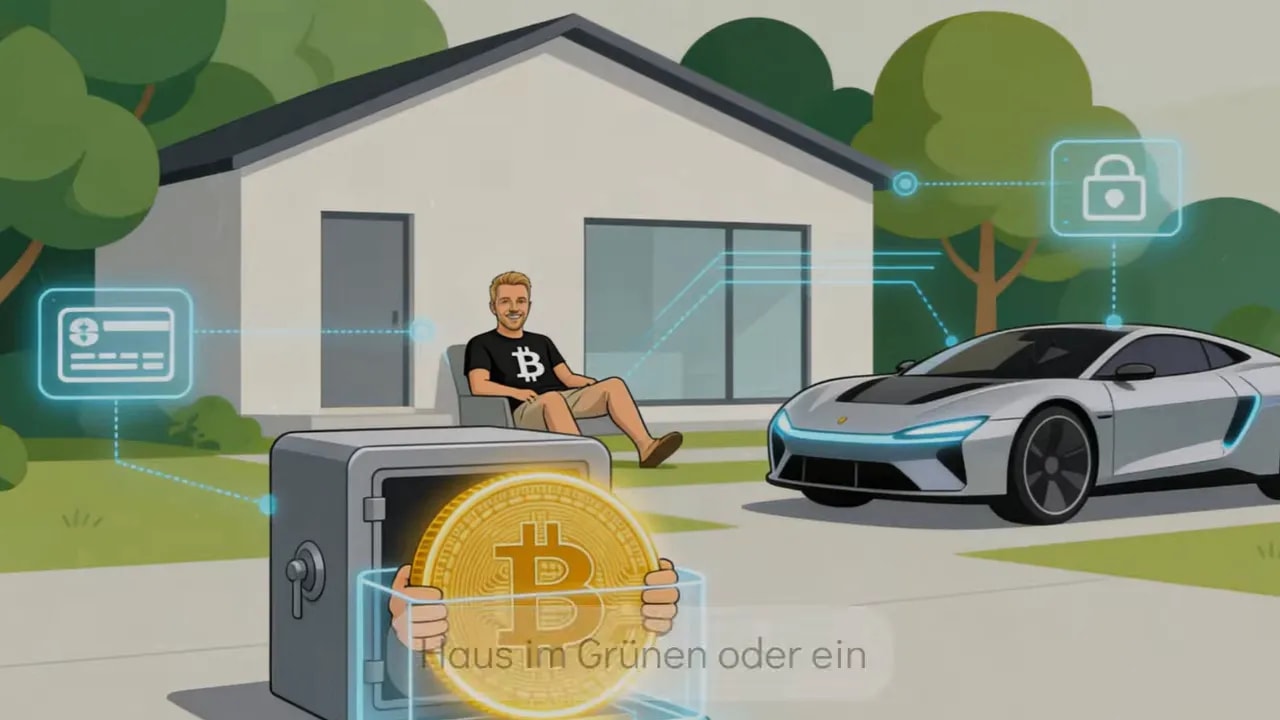 Illustration: Bitcoin in einem sicheren Tresor neben Haus und Auto als Symbol f&uuml;r langfristiges Halten