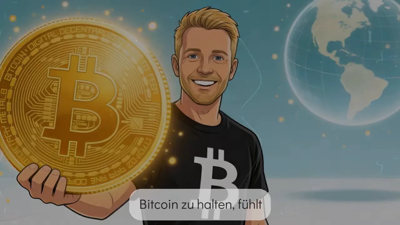 Illustration mit Bitcoin-M&uuml;nze und Einblendtext &bdquo;Bitcoin zu halten, f&uuml;hlt &hellip;&ldquo;