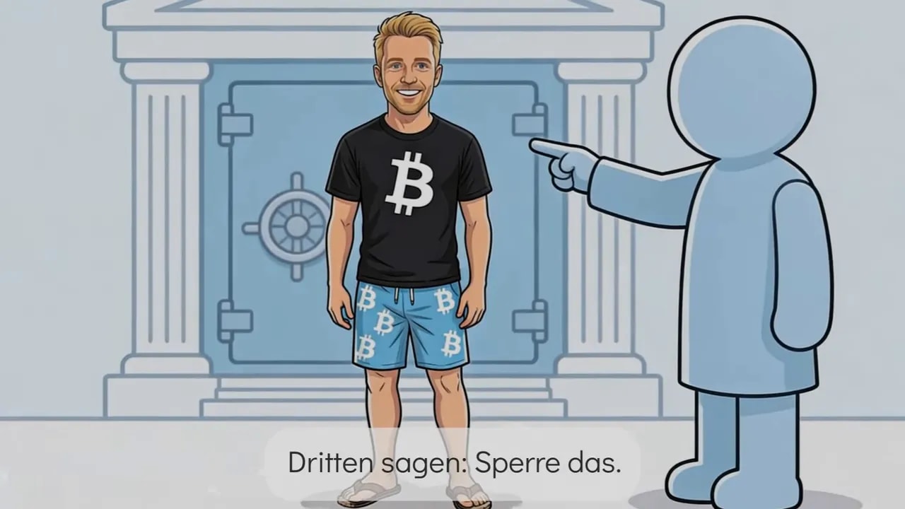 Illustration: Staatliche Einflussnahme mit Hinweis &bdquo;Dritten sagen: Sperre das.&ldquo; vor einem Regierungs-/Justizgeb&auml;ude