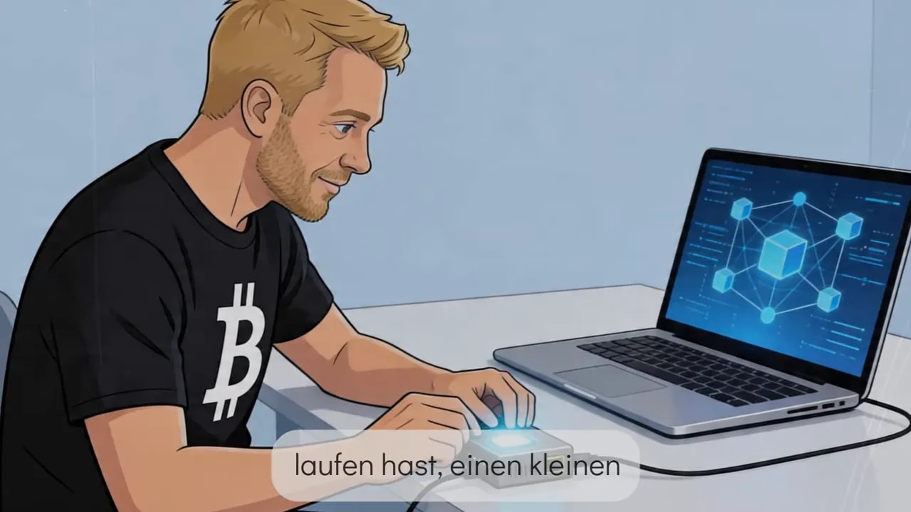 Illustration einer Person mit Bitcoin-T-Shirt, die eine Hardware-Anzeige vor einem Laptop mit Netzwerkvisualisierung nutzt