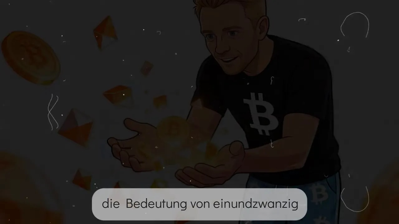 Dunkle Illustration mit Person im Bitcoin-Shirt und Text zur Bedeutung von einundzwanzig Millionen