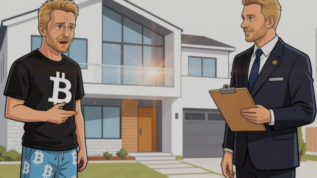 Illustration: Zwei Personen vor einem Haus, ein Mann mit Bitcoin-T-Shirt und ein Behördenvertreter mit Aktenklemmbrett