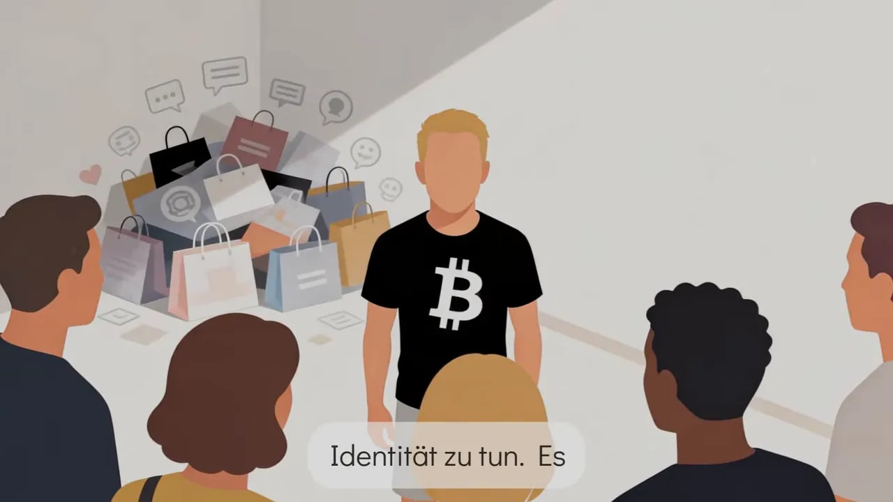 Illustration mehrerer Einkaufstaschen und Personen vor einer Bitcoin-Identit&auml;t, die durch Konsum gepr&auml;gt wird
