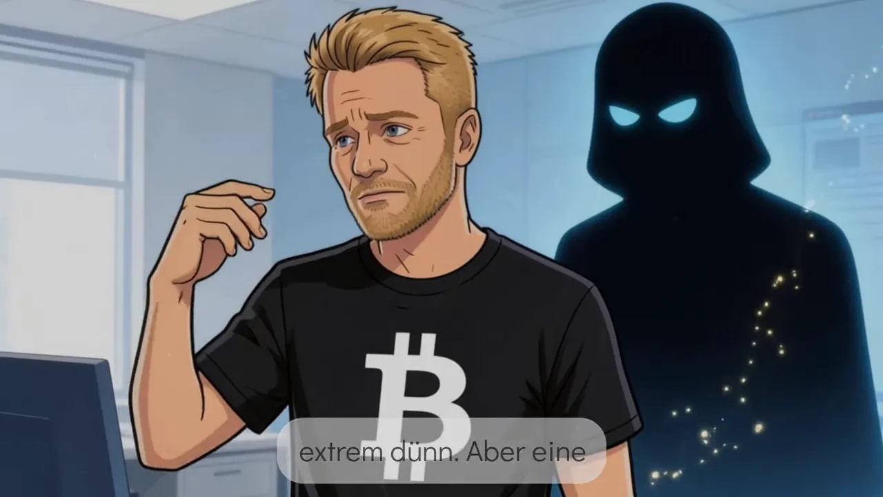 Illustration eines Mannes vor einem digitalen Schatten mit Bitcoin-Symbol, passend zu einer Untersuchung über die Identität von Satoshi Nakamoto