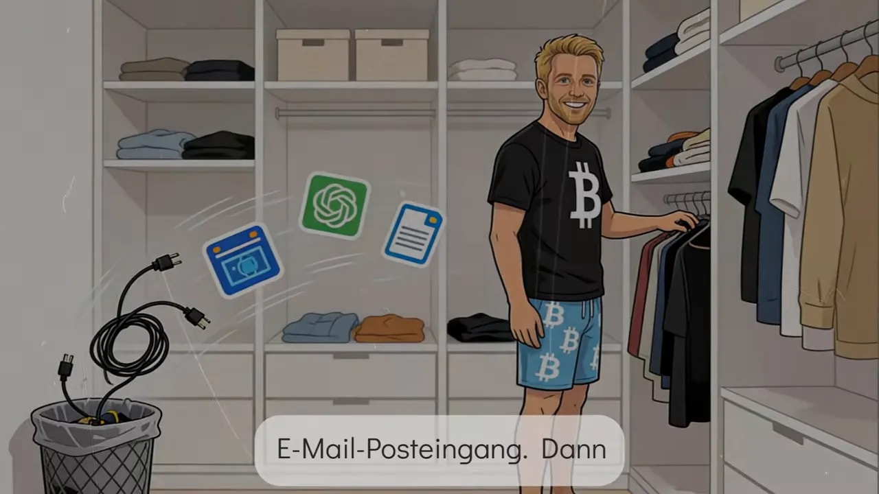 Illustration eines begehbaren Schranks mit einem Mann in einem Bitcoin-Shirt und Text-Overlay, das auf eine einzelne Kategorie wie den E-Mail-Posteingang hinweist.