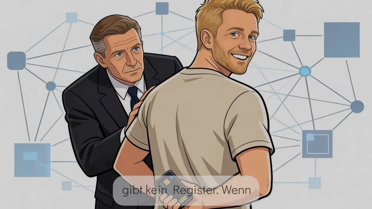 Illustration zweier Personen vor einem Netzwerk mit Smartphone/Witness-Ansicht, Untertitel &bdquo;gibt kein Register. Wenn &hellip;&ldquo;