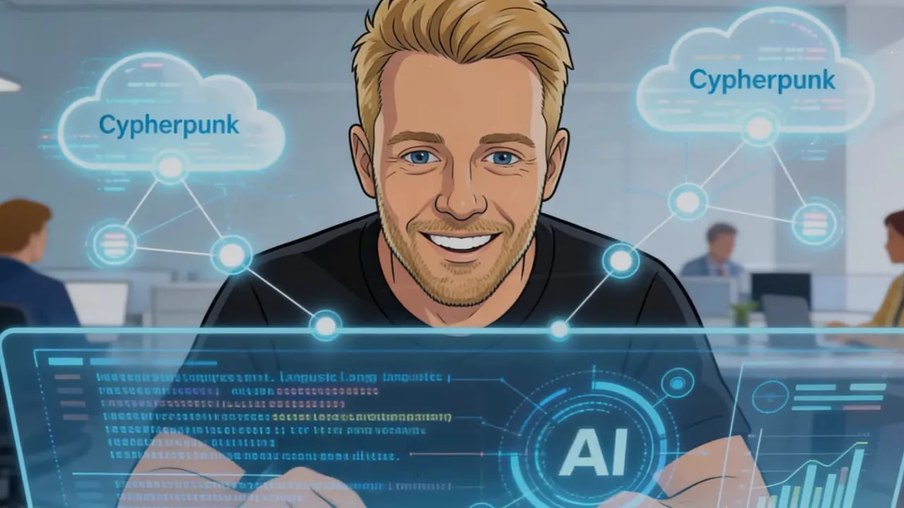 Illustration eines Mannes vor KI-Interface mit Cypherpunk-Hintergrundsymbolen, passend zur linguistischen Analyse in der Satoshi-Jagd