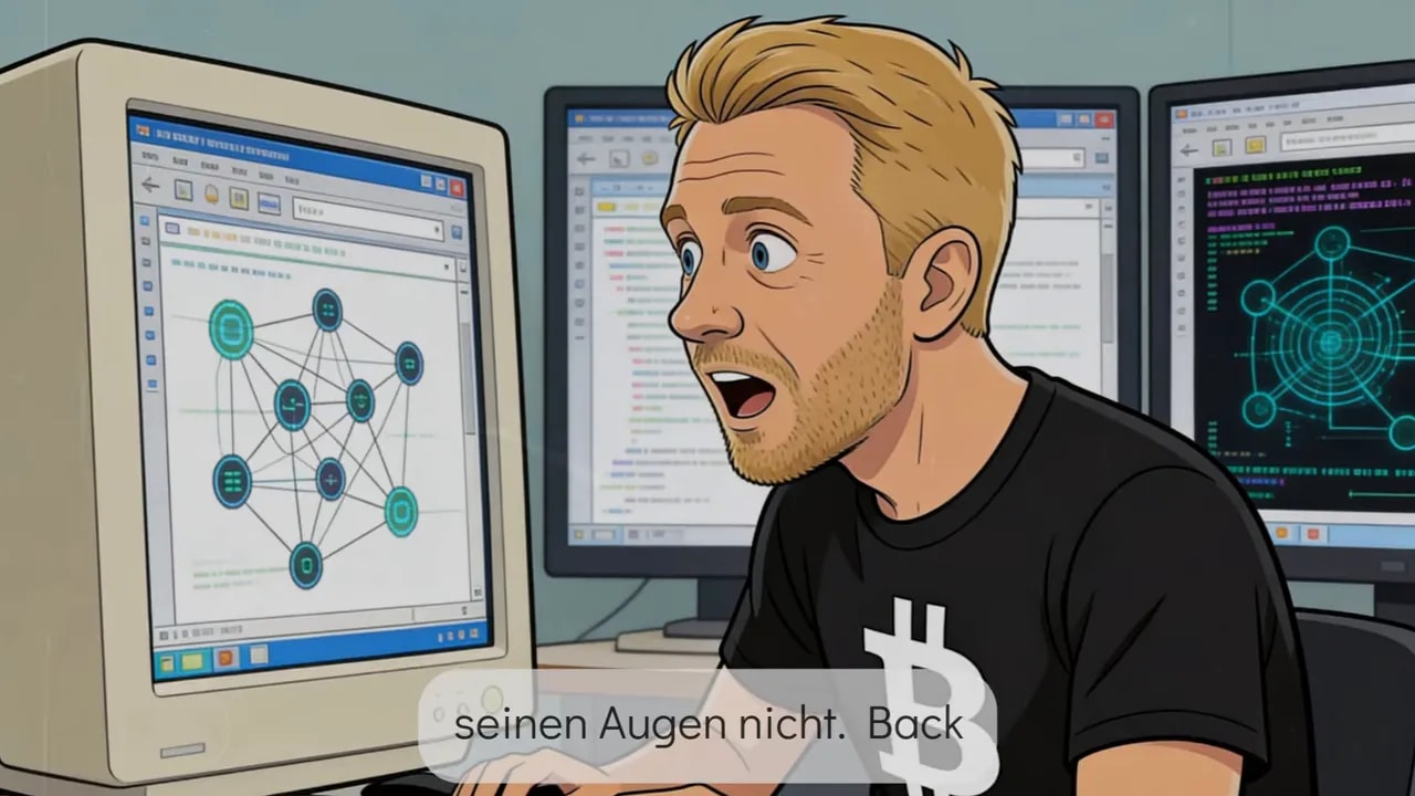 Illustration eines Mannes vor mehreren Bildschirmen mit grafischer Netzwerk- und KI-Analyse-Darstellung, passend zur Satoshi-Identit&auml;tspr&uuml;fung
