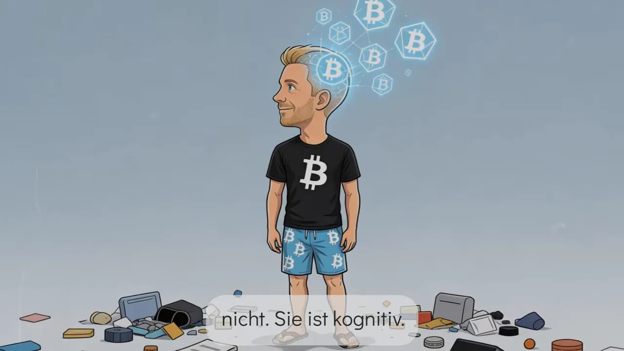 Illustration einer Person mit Bitcoin-Elementen im Kopfbereich über zerstreuten Gegenständen