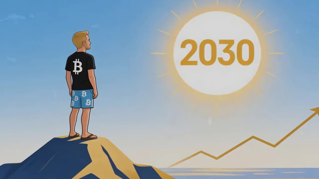 Illustration: Person steht auf einem Felsvorsprung und schaut auf das Jahr 2030 als Zielmarker, im Hintergrund steigt eine Linie