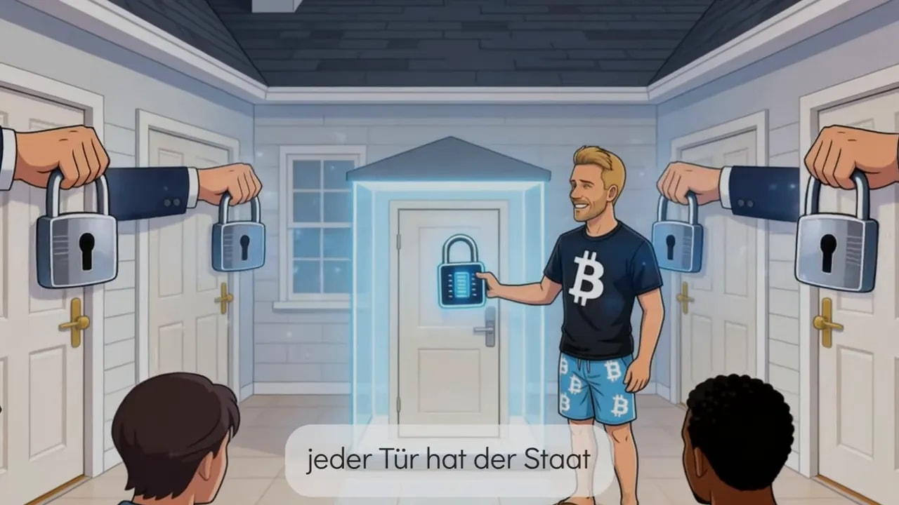 Illustration mit staatlich markierten Schl&uuml;sseln an T&uuml;ren und einem gesch&uuml;tzten Raum im Haus f&uuml;r Bitcoin-Selbstverwahrung