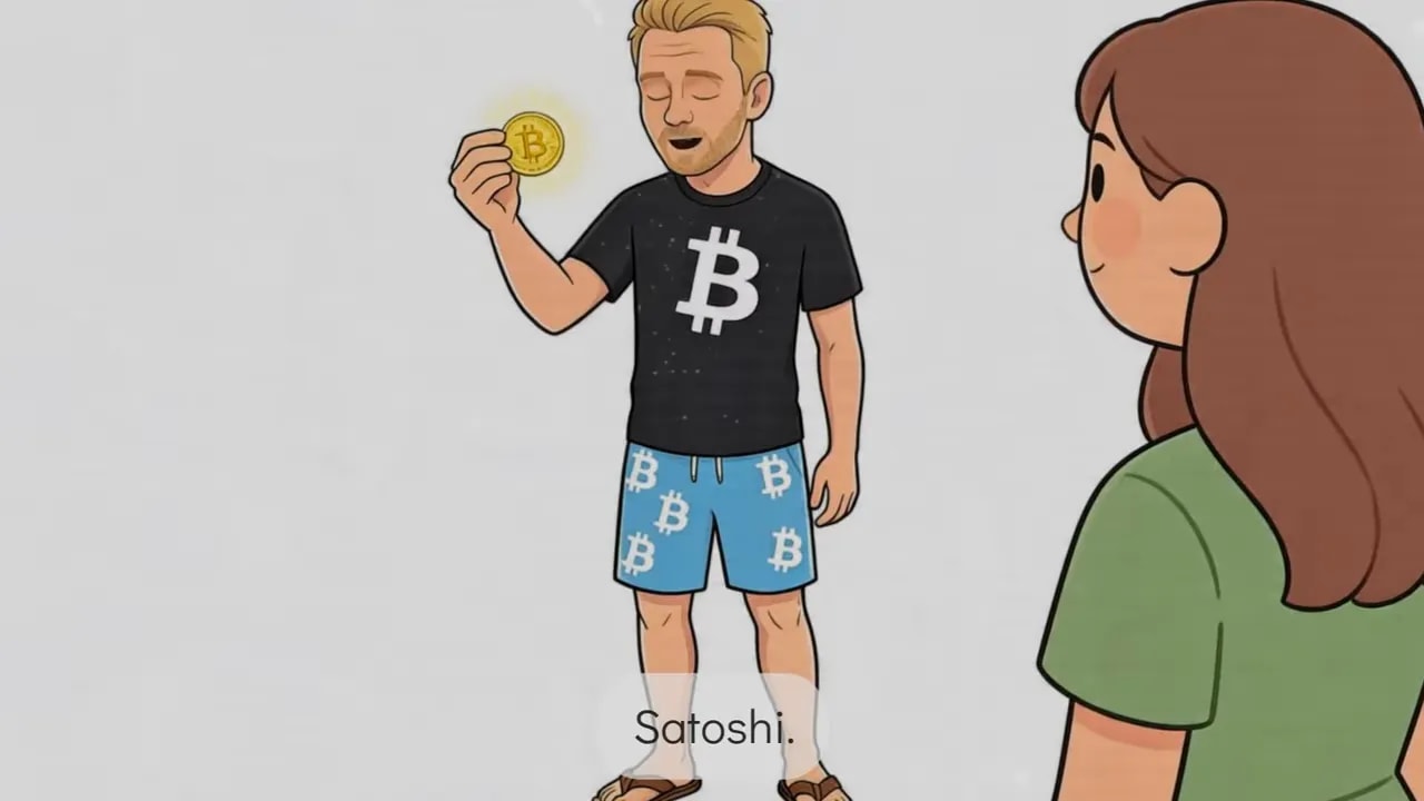 Illustration: Person hält eine Bitcoin-Münze, Text „Satoshi“ im Bild
