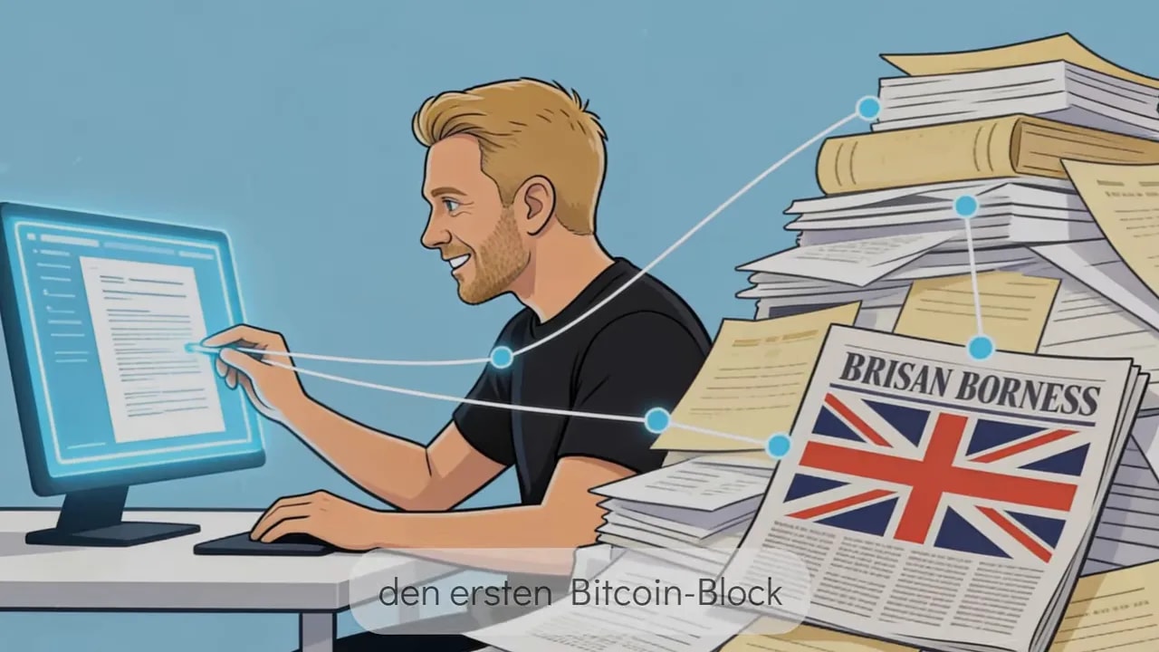Illustration eines Mannes, der an einem Computer arbeitet, w&auml;hrend Stapel von Dokumenten und ein Bitcoin-Bezug symbolisch dargestellt werden