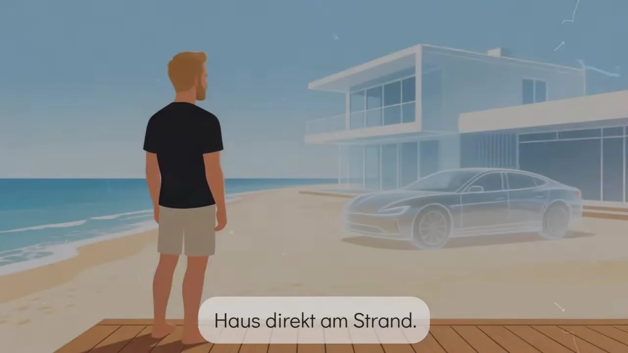 Illustration einer Person am Strand vor einem Geb&auml;ude mit Auto-Umriss und Text-Overlay.