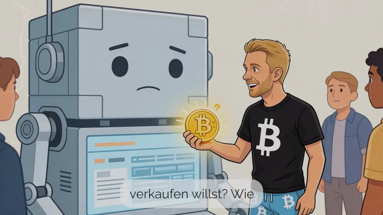 Illustration: Automat bzw. Kassenprozess mit Bitcoin-Geldst&uuml;ck und Frage zur automatischen Besteuerung
