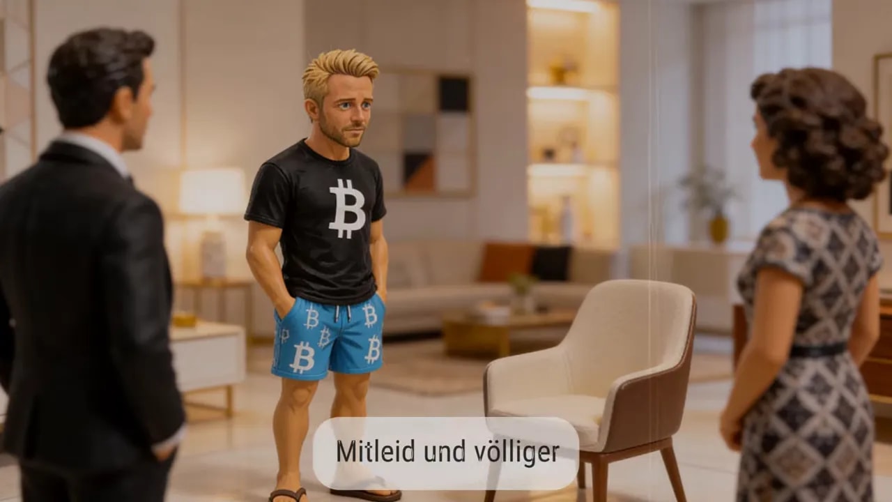 Bitcoin-Mann im Gespräch, Familie blickt ihn an