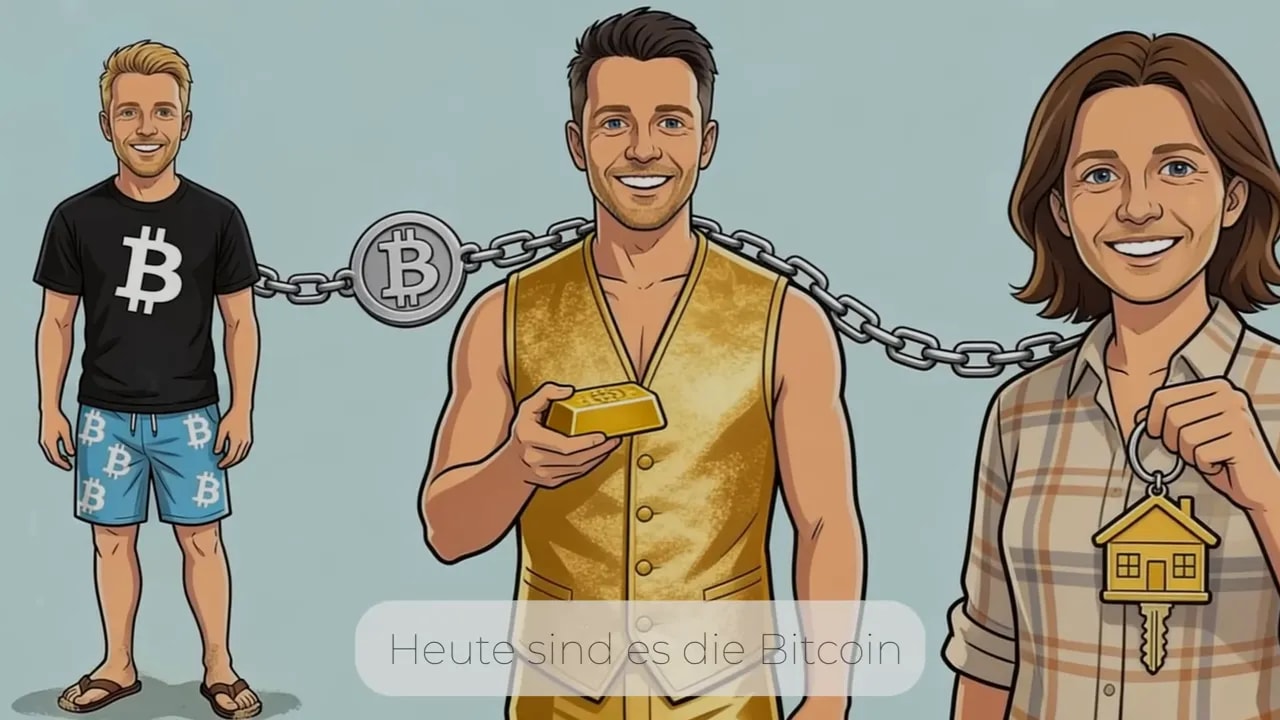 Illustration: Personen mit Bitcoin-Gewichten und Ketten zwischen Symbolen, Hinweis-Text im Bild