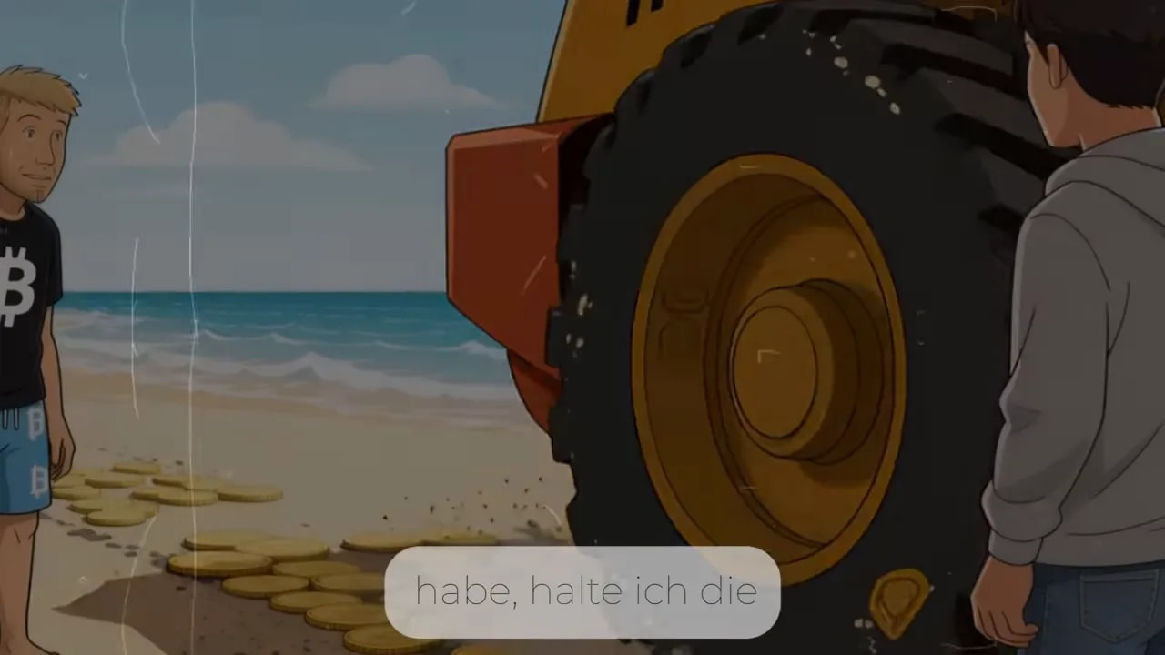Illustration: Bitcoin-Münzen an der Küste mit schwerem Gerät als Symbol für kurzfristigen Druck durch Steueränderungen