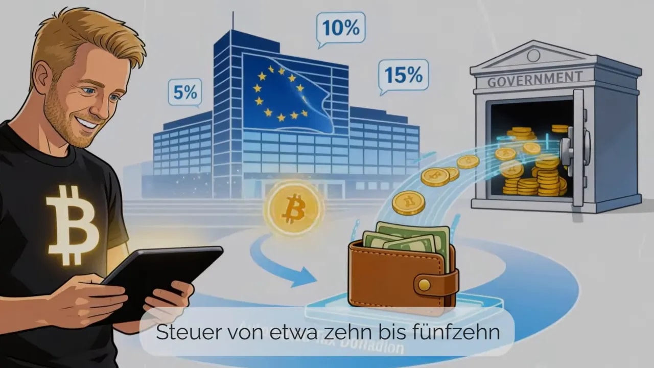 Illustration: EU-Regierung und Bitcoin-Steuer in Prozenten mit Geldschatulle