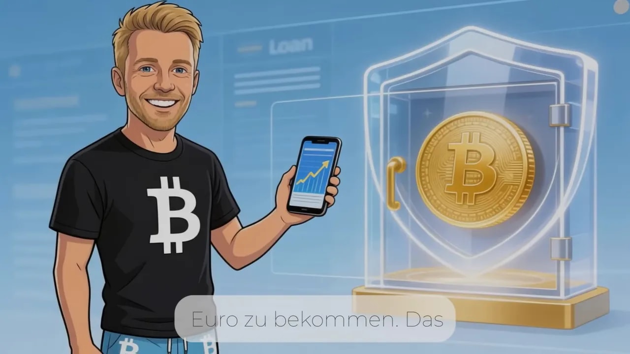 Illustration: Bitcoin in einer Sicherheitsbox und ein Mann mit Smartphone zeigt den Weg zu Euro-Liquidität ohne Verkauf