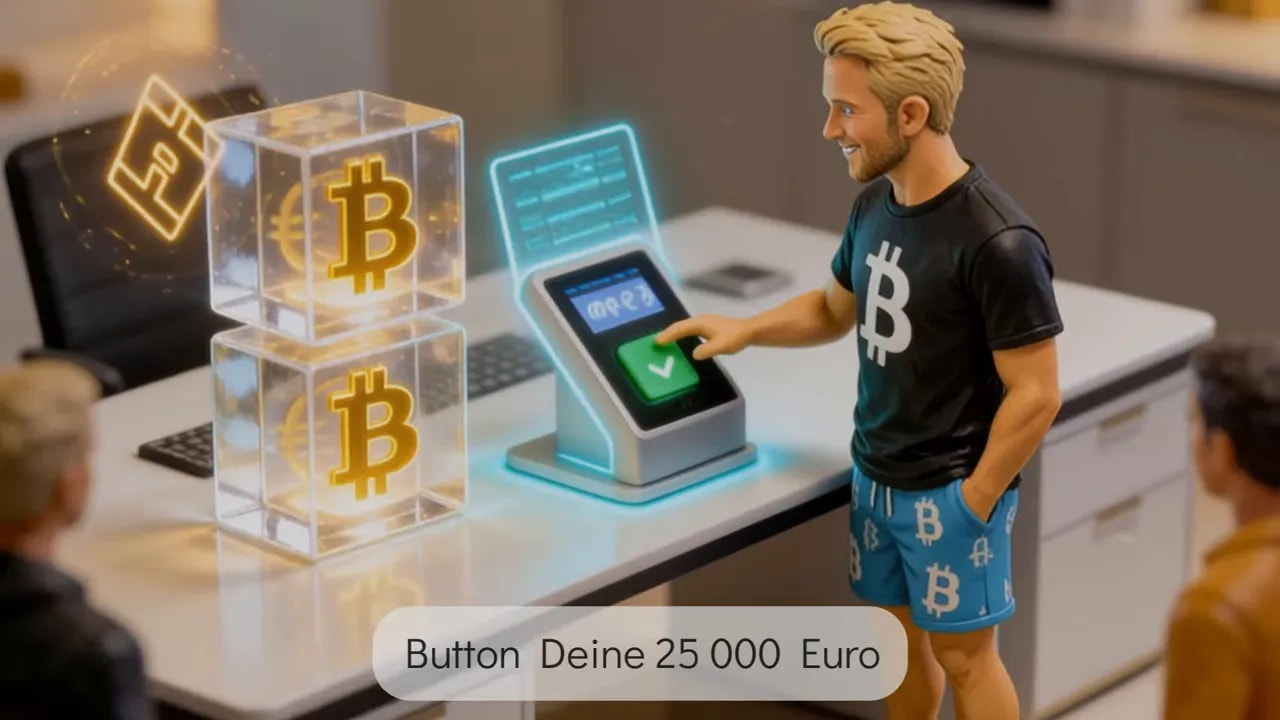 Bitcoin-Kauf an einem Terminal mit Häkchen-Bestätigung und Geld-/Bitcoin-Visualisierung