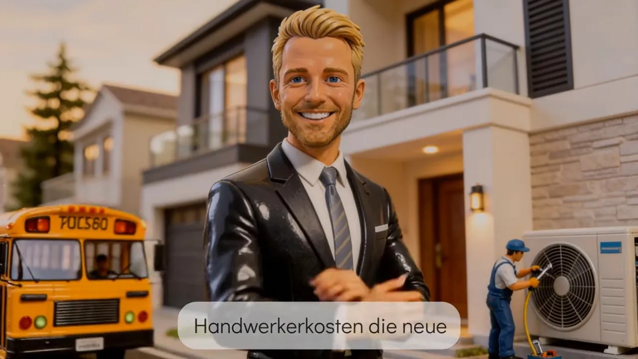Haus und Handwerker im Einsatz, im Vordergrund eine Anzug-Figur mit Untertitel zu Handwerkerkosten