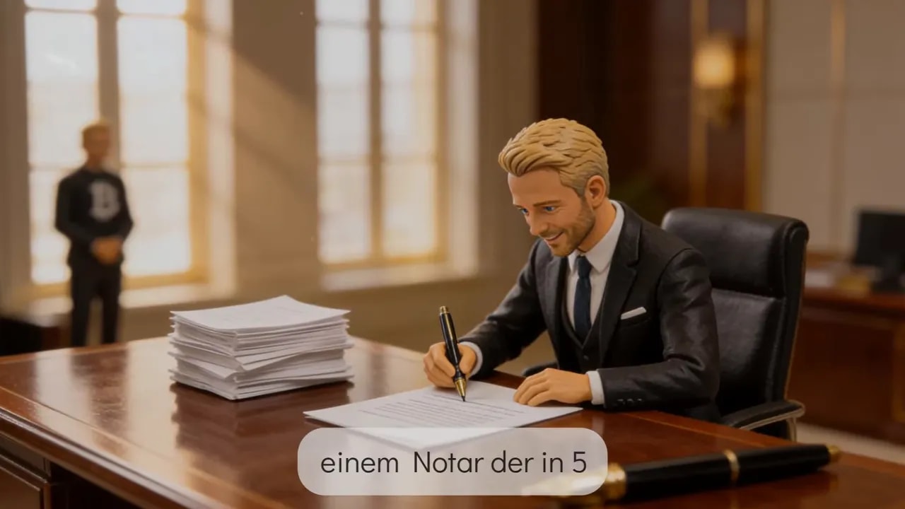 Notar unterschreibt Immobilienpapiere am Schreibtisch