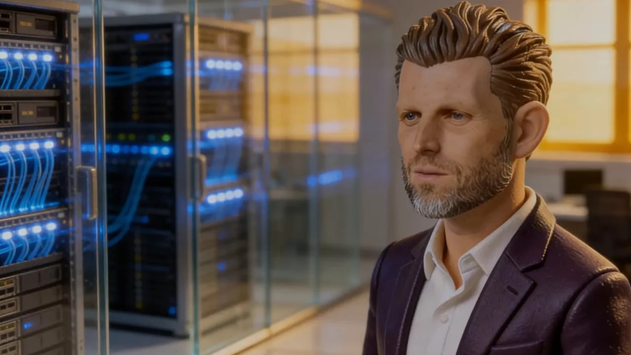 Person im Anzug vor Server-Racks, ohne zus&auml;tzliche Einblendung