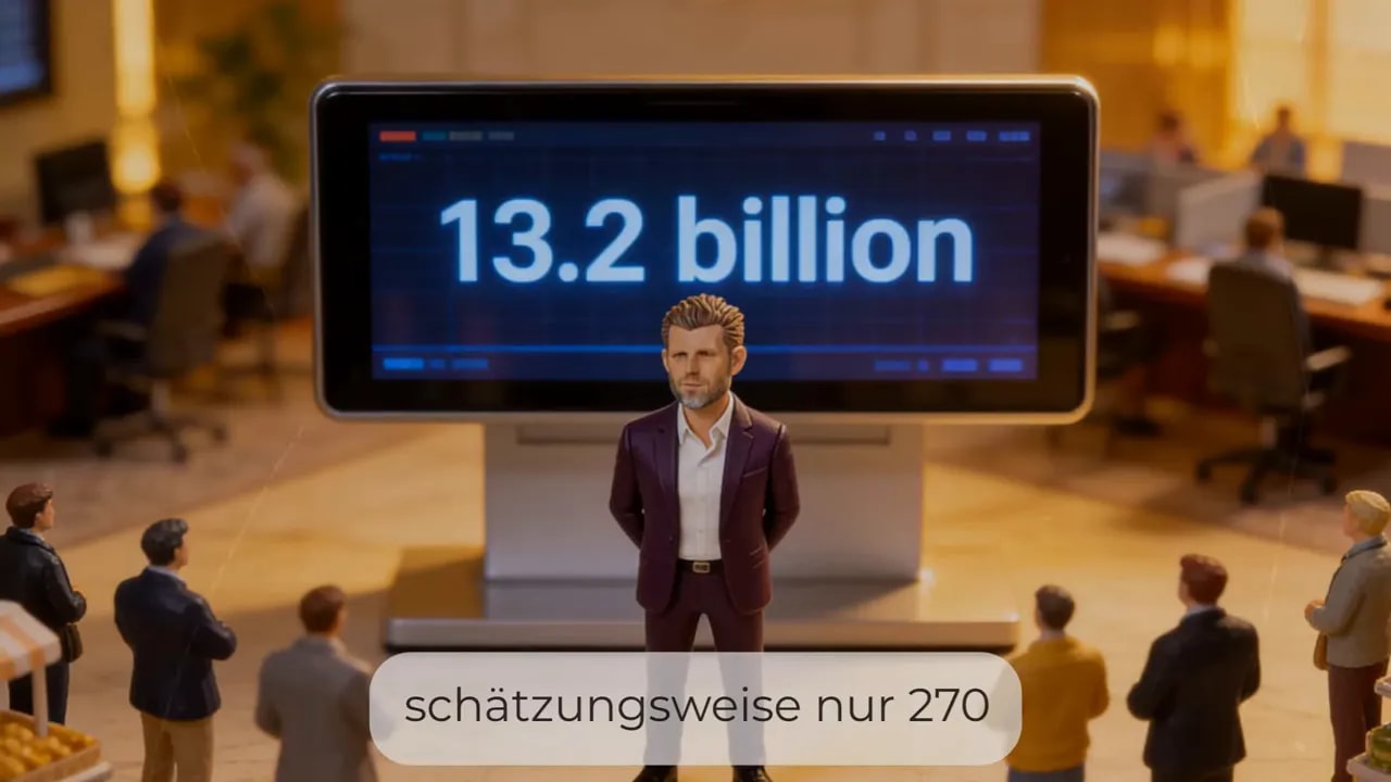 Videostill mit der Anzeige &bdquo;13.2 billion&ldquo; im Hintergrund und Text &bdquo;sch&auml;tzungsweise nur 270&ldquo;