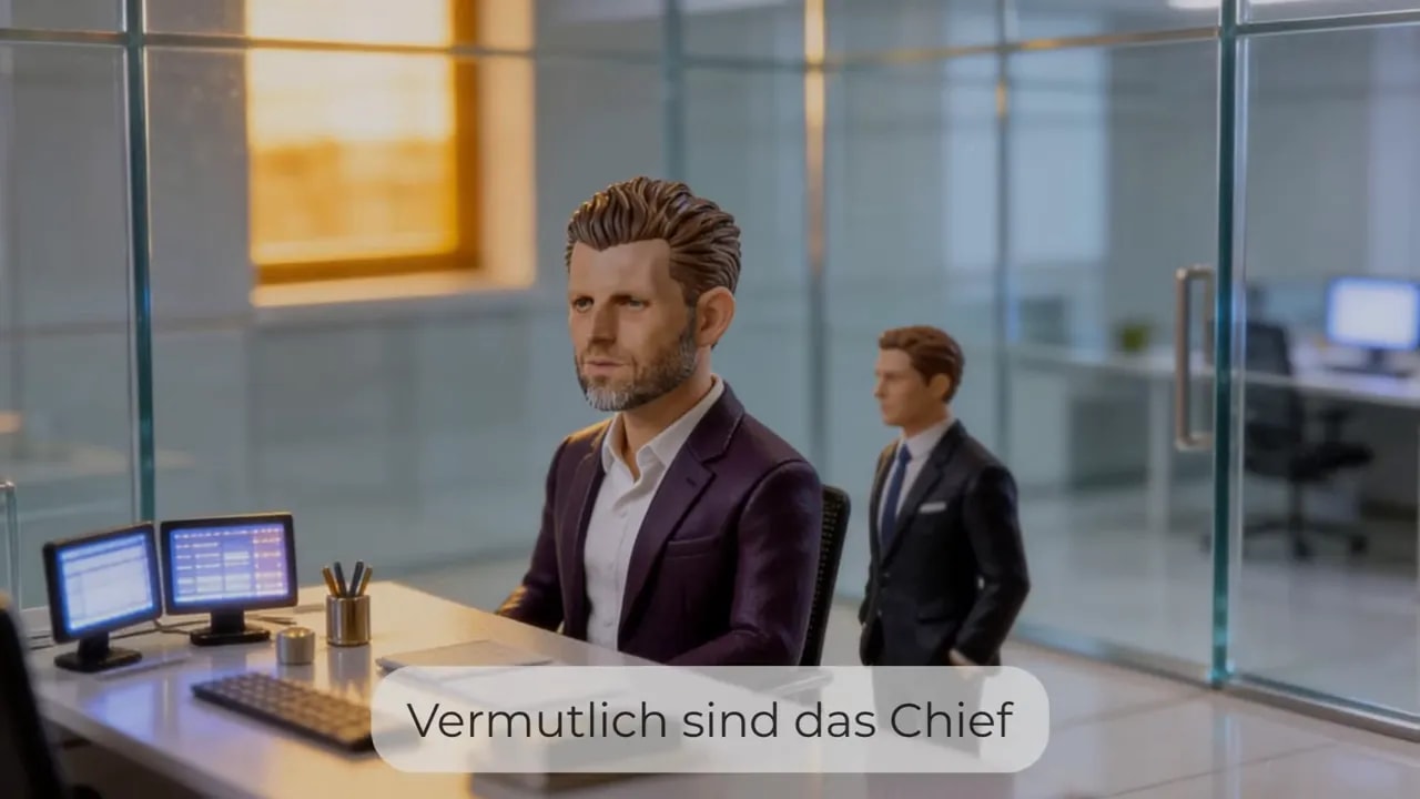 Person im Büro-Setting, überlagert mit dem Text „Vermutlich sind das Chief“