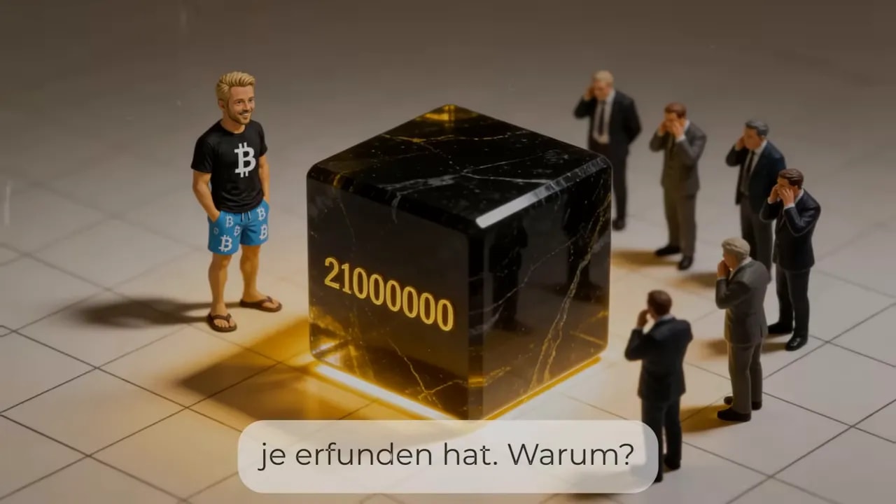 Schwarzer Würfel mit leuchtender Zahl 21000000 daneben stehende Personen und eine Figur im Bitcoin-Shirt
