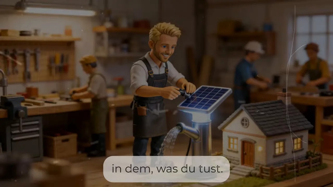 Miniaturwerkstatt mit Person an Solarpanel und kleinem Hausmodell