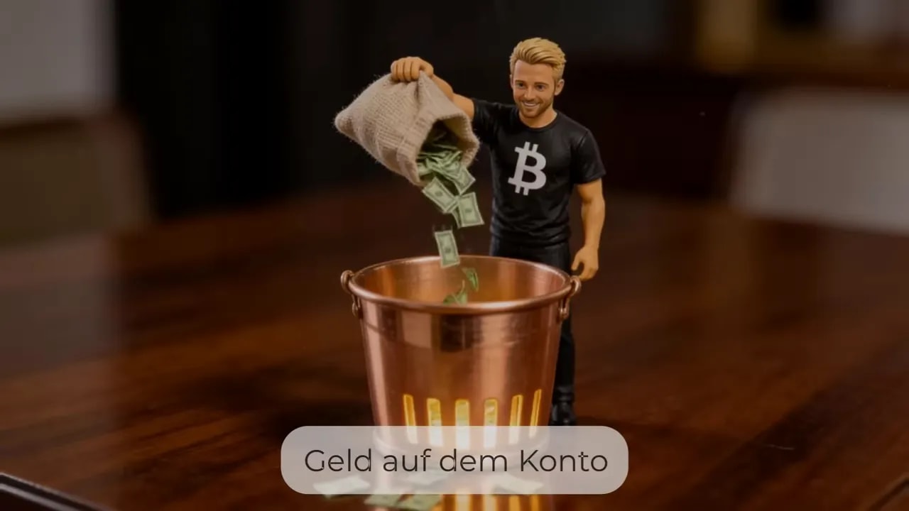 Miniaturfigur schüttet Geldscheine in einen kupferfarbenen Eimer