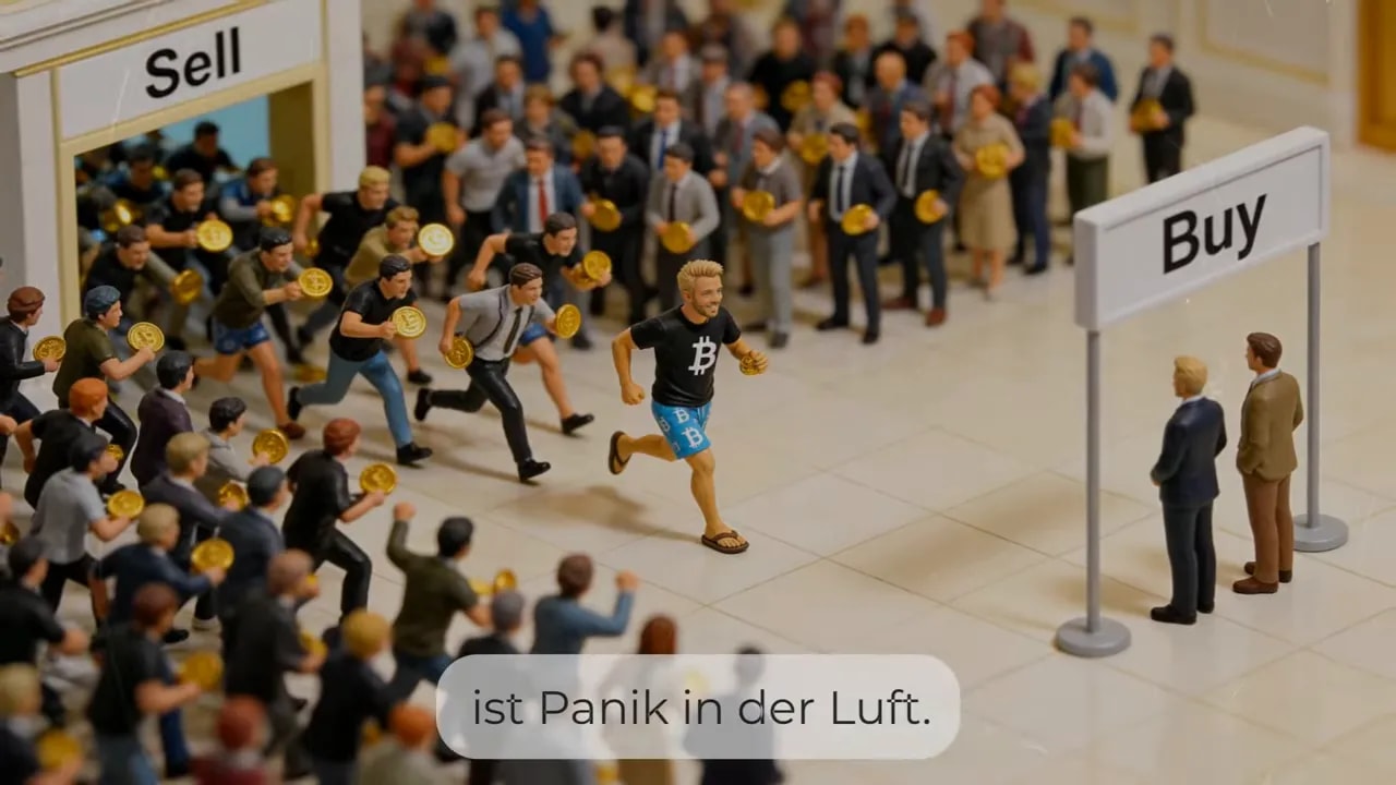 Menschenmenge vor Schildern mit Sell und Buy