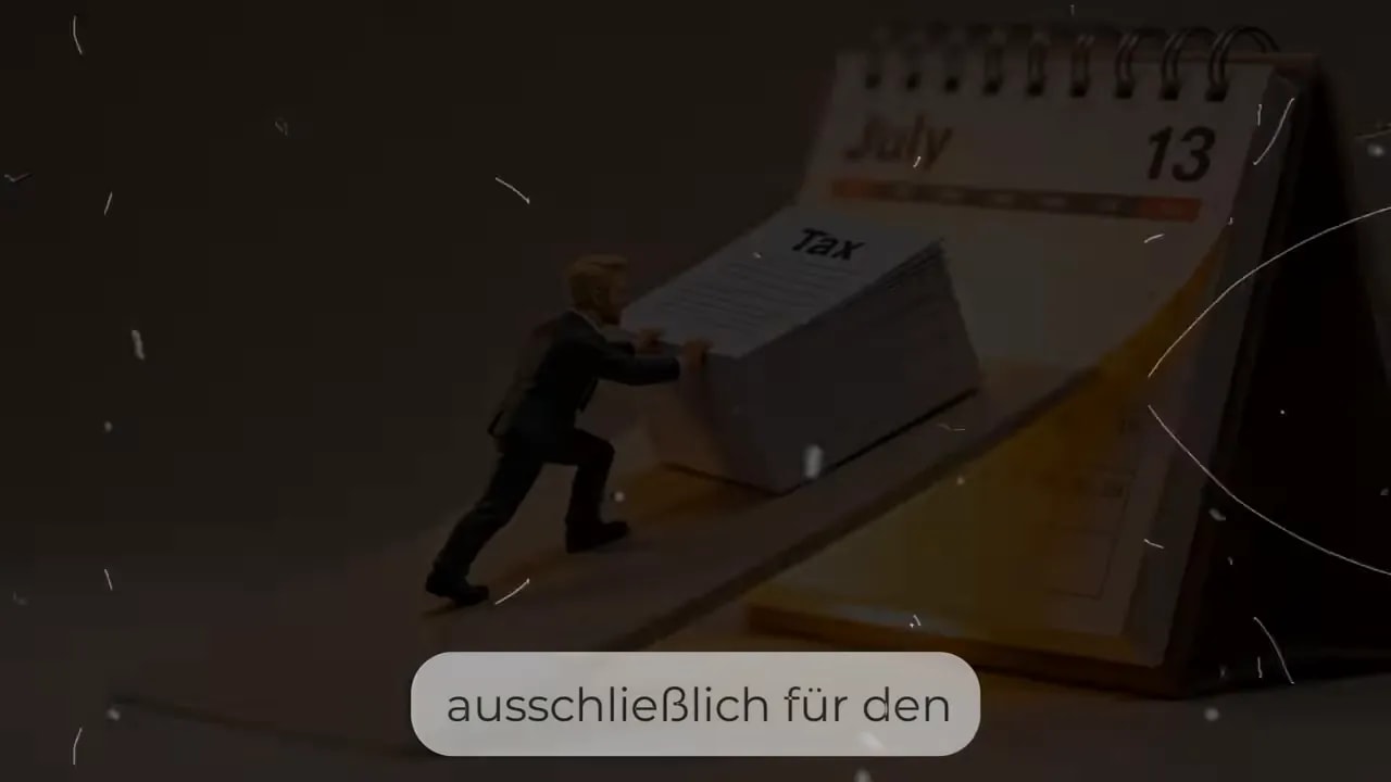 Miniaturfigur schiebt einen Block mit der Aufschrift tax einen Kalenderhang zum 13. Juli hinauf