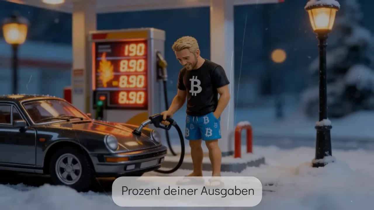Miniaturtankstelle im Schnee mit Auto, Zapfsäule und hohen Preisanzeigen