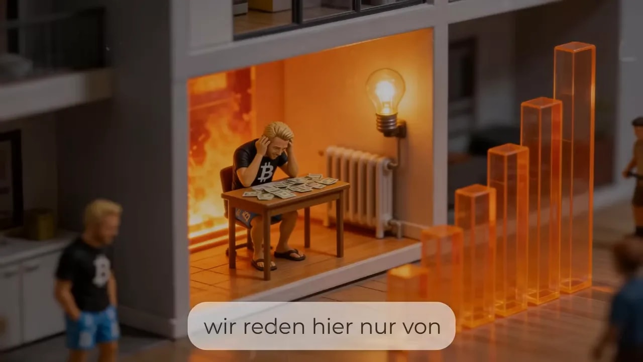 Miniaturwohnung mit Person am Tisch, glühender Heizkörper und orange Balken als steigende Kosten