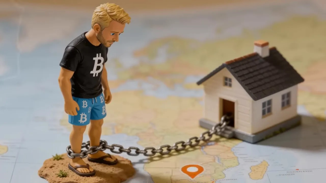 Figur mit Kette an kleines Haus auf einer Karte gebunden