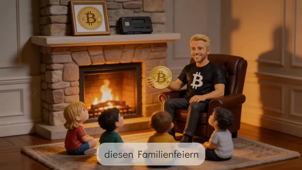Person sitzt vor Kamin mit Bitcoin-Muenze und mehrere Kinder sitzen davor