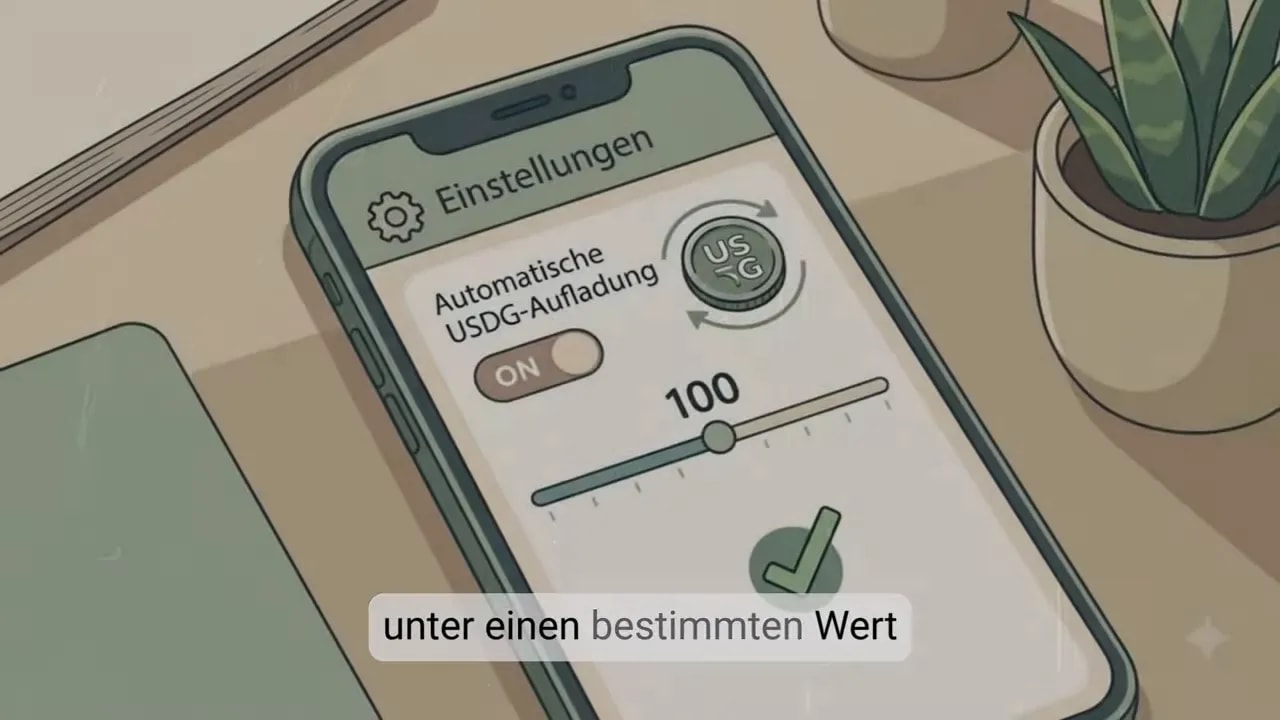 Smartphone-Einstellungen mit automatischer USDG-Aufladung und Mindestwert 100