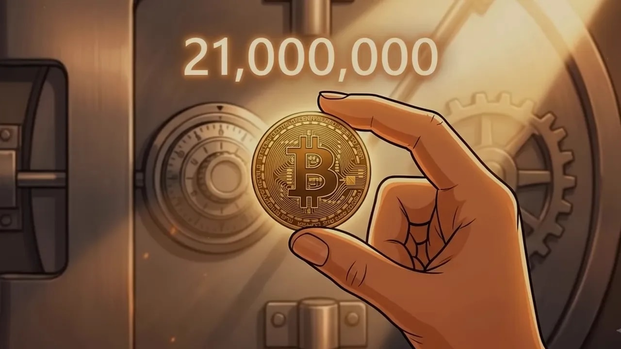 Bitcoin-Münze vor einem Tresor mit der Zahl 21.000.000