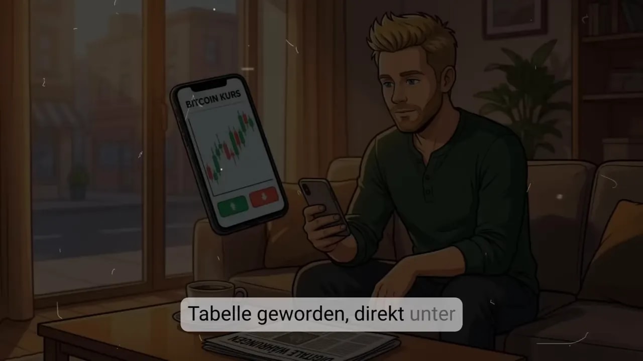 Mann betrachtet eine Bitcoin-Kursgrafik auf dem Smartphone neben einem Laptop