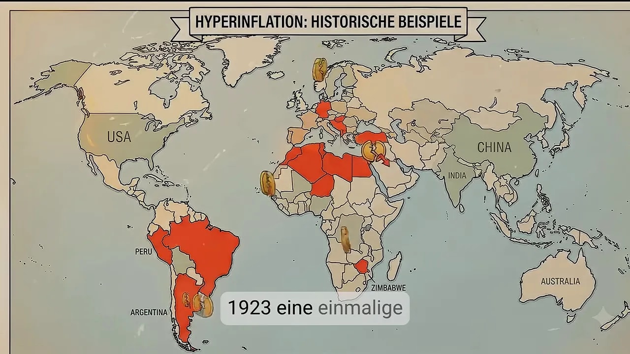 Weltkarte mit rot markierten historischen Beispielen von Hyperinflation