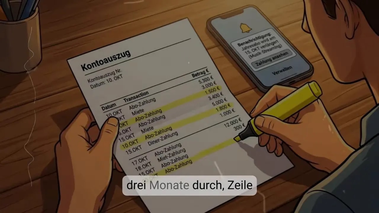 Kontoauszug wird mit gelbem Textmarker geprüft